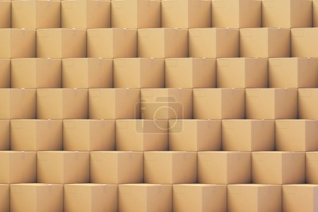 Cette image présente un motif répétitif de boîtes en carton marron empilées, symbolisant le stockage organisé, la distribution en vrac et l'emballage sans soudure dans un contexte logistique.