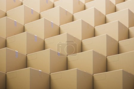 Perfectly aligned cardboard boxes in an expansive distribution center signify order and efficiency. Ideal for showcasing organized warehousing and logistics operations.