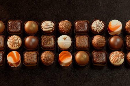 Photo for Experience the decadent variety of handcrafted gourmet chocolates, each a masterpiece with unique toppings and fillings, displayed on a sophisticated dark background. - Royalty Free Image