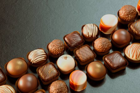 Foto de Esta imagen muestra una amplia variedad de chocolates de lujo, cada pieza una obra de arte de confitería, que se muestra sobre un fondo oscuro para acentuar los ricos tonos y texturas. - Imagen libre de derechos