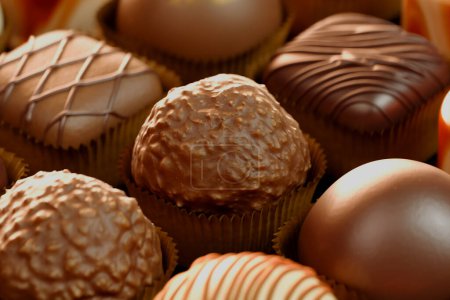 Téléchargez les photos : Une somptueuse sélection de truffes gourmandes au chocolat, savamment arrangées, avec un mélange de textures et de garnitures, parfaites comme un régal de luxe ou un cadeau raffiné. - en image libre de droit