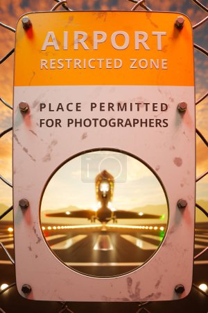 Foto de Señal de advertencia llamativa que delimita una zona fotográfica junto a una pista de aterrizaje activa con un impresionante telón de fondo al atardecer, capturando un avión que se aproxima. - Imagen libre de derechos