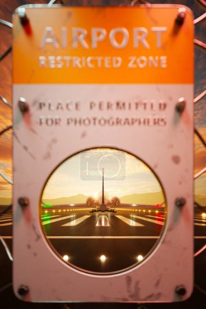 Téléchargez les photos : Scène captivante d'un avion sur le point de décoller encadré par un panneau unique "Photographes autorisés" sur fond de coucher de soleil animé dans la zone réglementée d'un aéroport animé. - en image libre de droit