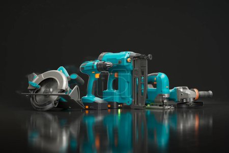 A meticulously arranged selection of electric power tools against a dark backdrop, showcasing essential equipment for industry professionals engaging in construction and DIY projects.