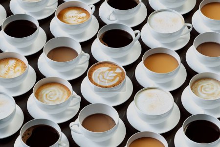 Foto de Una atractiva exhibición aérea de múltiples tazas de café, capturando espresso a capuchino, haciendo hincapié en la diversidad y el arte de los métodos y estilos de preparación de café. - Imagen libre de derechos