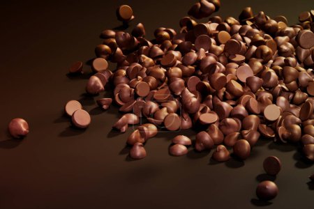 Photo for An enticing close-up shot featuring a lavish spread of assorted, lustrous chocolate chips against a dark surface, ideal for a rich culinary presentation. - Royalty Free Image