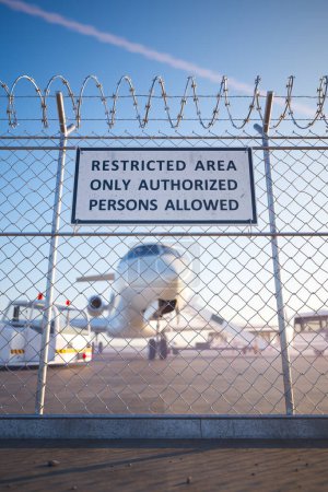 Photo for In the forefront, a metal chain-link fence topped with razor wire and a clear warning sign stating RESTRICTED AREA ONLY AUTHORIZED PERSONS ALLOWED, with an out-of-focus aircraft  in the backdrop. - Royalty Free Image