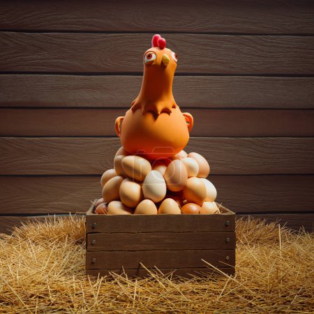 Photo for A whimsical, artistic depiction of a chicken positioned on a hefty assortment of eggs, all encased within a classic wooden box amidst loose straw on an aged barn floor. - Royalty Free Image