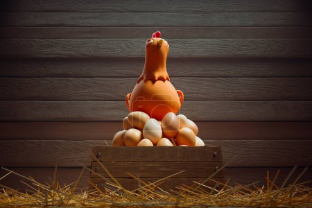 Téléchargez les photos : Art numérique captivant d'un poulet vivant et stylisé assis calmement sur un tas généreusement dimensionné d'œufs de ferme nichés dans une caisse en bois antique, sur fond sombre. - en image libre de droit
