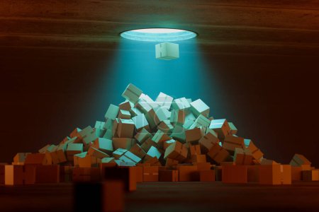 Foto de La representación enigmática captura cajas de cartón en el aire, flojantemente suspendidas bajo un foco azul que baña la escena con un brillo místico, evocando curiosidad. - Imagen libre de derechos