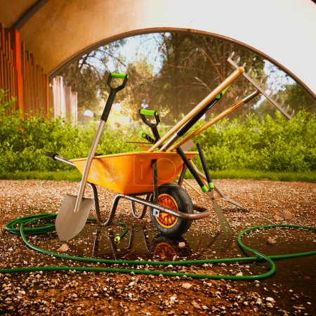 Téléchargez les photos : Vue rapprochée d'une brouette remplie d'outils de jardinage assortis, accompagnée d'un tuyau d'eau, au milieu de la verdure vibrante d'un jardin bien entretenu en plein soleil. - en image libre de droit
