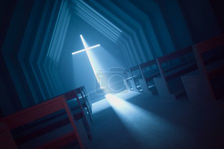 A serene modern church interior highlighted by a captivating glowing cross and wooden pews, invoking a tranquil ambiance for reflection and worship in a religious setting.