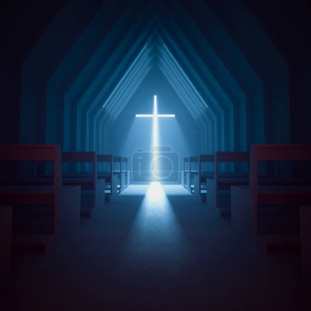 Foto de Captura evocadora de un interior de iglesia apacible bañado en el cálido resplandor de una cruz iluminada, simbolizando la fe y la esperanza en medio de la quietud del crepúsculo. - Imagen libre de derechos