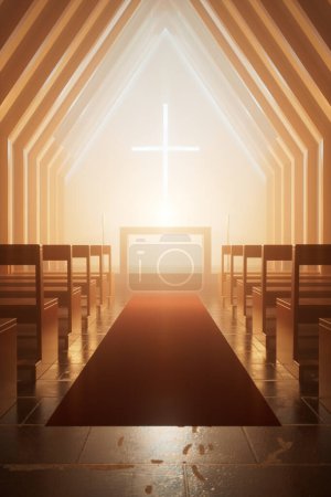 Photo for Atmospheric capture of warm sunlight filtering through a church, creating a serene ambiance as it spotlights the altar and cross, enveloping the pews in a sacred glow. - Royalty Free Image
