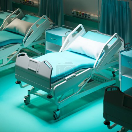 Unberührte moderne Krankenhausstation mit makellos gefertigten, leeren Betten, ausgestattet mit grundlegenden medizinischen Annehmlichkeiten, die eine hochmoderne Gesundheitsumgebung widerspiegeln.