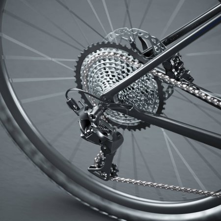Foto de Vista en profundidad de un desviador trasero de bicicleta y engranajes de cassette, capturando las complejidades de los sistemas de engranajes de bicicleta y la elegancia mecánica de los componentes de ciclismo. - Imagen libre de derechos