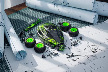 Photo for An intricate blueprint and component assembly for a dynamic, high-speed remote-controlled car, showcased with precise details and a striking green accent. - Royalty Free Image