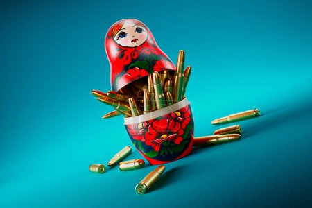 Photo for This compelling image presents a striking contrast between cultural heritage and modern violence, with a set of Matryoshka dolls aligned against a backdrop of bulging bullets. - Royalty Free Image