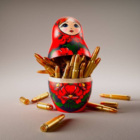 Téléchargez les photos : Une juxtaposition frappante d'une poupée russe vivante peinte à la main et d'une lueur de balles d'or à l'intérieur, symbolisant une interaction complexe entre le patrimoine culturel et les thèmes du conflit. - en image libre de droit
