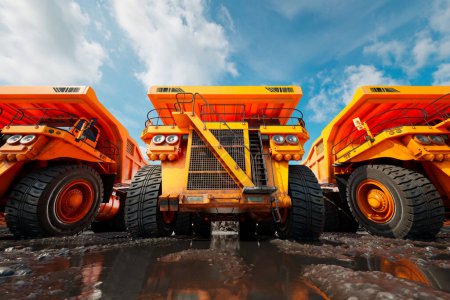 Téléchargez les photos : Une paire de camions à benne orange colossaux conçus pour les opérations minières, bien en vue avec des pneus renforcés et des phares clairs, prêts pour des travaux lourds dans un environnement de mine ouverte. - en image libre de droit