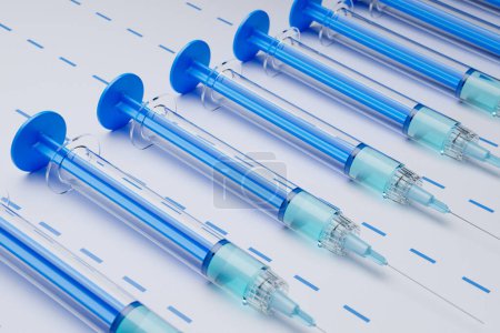 A neatly arranged diagonal array of syringes, each filled with a clear liquid and featuring a blue plunger, precisely aligned against a sterile white backdrop.