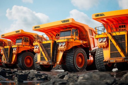 Un ensemble dynamique de camions à benne orange se tient prêt sur un chantier animé, illustrant la puissance industrielle dans le contexte d'un ciel couvert.
