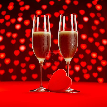 Téléchargez les photos : Image de célébration représentant des verres à champagne en cristal au milieu de bulles animées avec un bokeh enchanteur en forme de cœur sur un fond rouge vif, parfait pour les occasions romantiques. - en image libre de droit