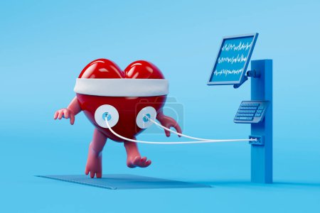 A highly-detailed 3D illustration depicting a whimsical red heart character energetically jogging on a treadmill, seamlessly connected to an EKG heart rate monitor in a vivid blue-hued setting.