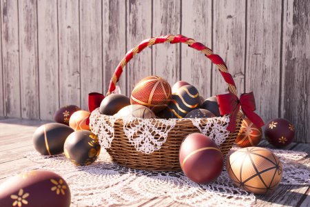 Photo for Exquisite display featuring hand-painted Easter eggs nestled in a lace-trimmed wicker basket, set atop a weathered wooden surface for a festive seasonal backdrop. - Royalty Free Image