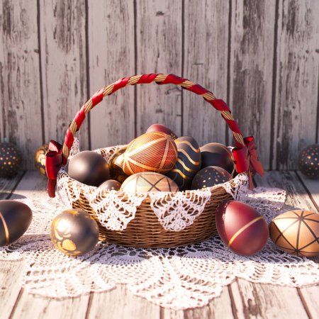 Photo for A picturesque scene unfolds with ornately decorated Easter eggs nestled within a wicker basket atop a vintage lace cloth, set against a weathered wooden background. - Royalty Free Image