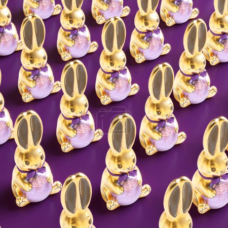 Foto de Una exquisita variedad de estatuas doradas de conejo de Pascua adornadas con cintas púrpuras, meticulosamente dispuestas en un patrón repetitivo sobre un exuberante fondo púrpura, exudando un espíritu festivo. - Imagen libre de derechos