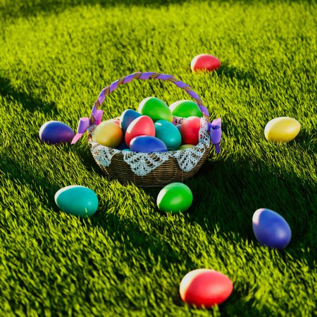 Photo for Elegantly arranged within a rustic woven basket, a diverse array of brightly hued Easter eggs beckons the joy and tradition of spring celebrations, nestled in the verdant embrace of fresh grass. - Royalty Free Image