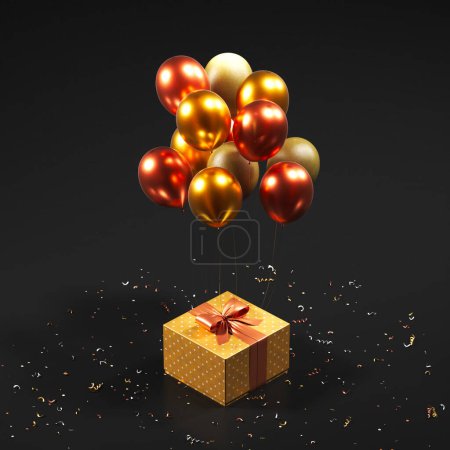 Photo for Exquisite setting featuring a luxuriously wrapped gift with a red bow and a cluster of gleaming golden and red balloons, amidst a shower of twinkling confetti on a rich dark backdrop. - Royalty Free Image