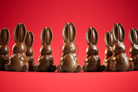 Perfectly lined chocolate Easter bunnies displayed against a striking red background, epitomizing the joy and tradition of Easter holiday treats and decorations.