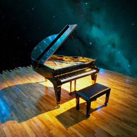 Foto de Un elegante piano de cola adorna un escenario de madera pulida, ambientado sobre un impresionante telón de fondo cósmico que mezcla el arte de la música con la maravilla del universo. - Imagen libre de derechos