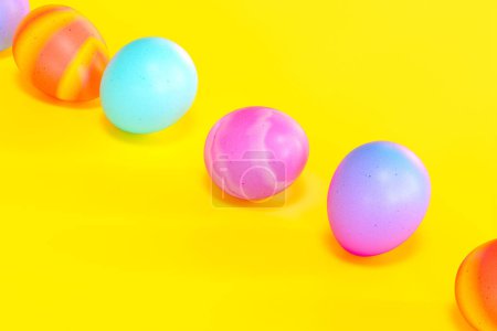 Photo for A delightful arrangement of Easter eggs displaying an array of pastel hues, perfectly set against a vivid yellow backdrop, celebrates the joy of spring and festive traditions. - Royalty Free Image