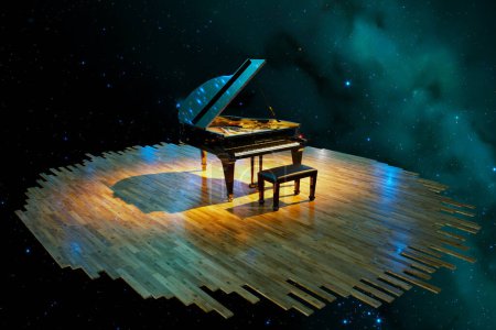 Téléchargez les photos : Une scène énigmatique représentant un piano à queue avec banc flottant sereinement sur un socle en bois, entouré par la poussière des étoiles et les corps célestes du cosmos infini. - en image libre de droit