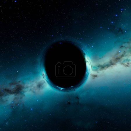Impresionante obra de arte digital que muestra la atracción gravitatoria de un gigantesco agujero negro contra un telón de fondo de un paisaje cósmico lleno de estrellas, encapsulando los misterios del espacio.