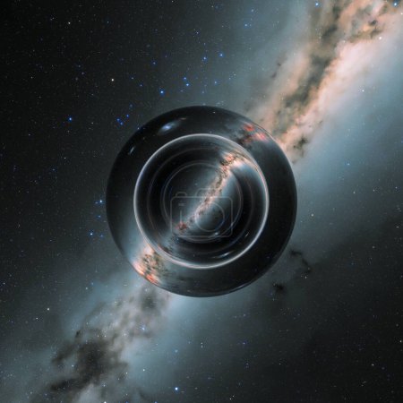 A highly detailed artistic illustration depicting a black hole's gravity warping the surrounding light and distorting the view of distant galaxies in the cosmos.