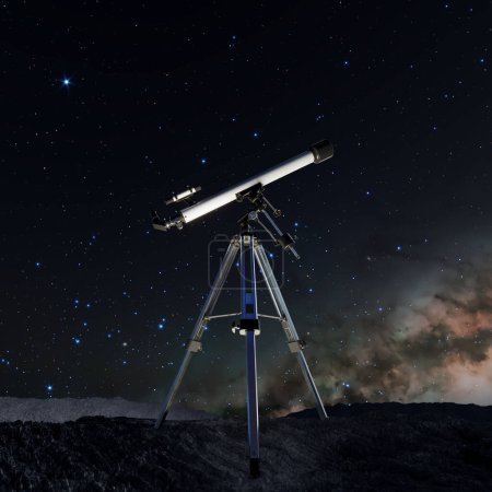 Foto de Una configuración estratégica de un telescopio en terreno accidentado, bajo un cielo nocturno en expansión adornado con un tapiz de estrellas centelleantes; perfecto para la observación del espacio profundo. - Imagen libre de derechos