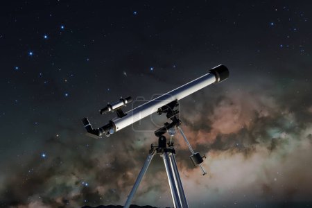 An optical telescope perches on a tripod, silhouetted against a vibrant nocturnal tapestry laced with stars and the glowing hues of distant nebulas, inviting the eyes to the wonders above.