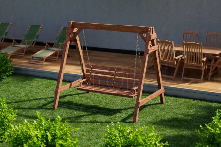 Téléchargez les photos : Explorez cette retraite de jardin cachée dotée d'un solide banc oscillant en bois suspendu par des chaînes, entouré de chaises longues et d'une gamme de verdure florissante, incarnant la tranquillité. - en image libre de droit