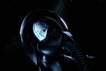 Un astronaute en pleine combinaison spatiale plane en orbite, fasciné par la beauté majestueuse de la Terre, avec l'immensité noire de l'espace comme toile de fond.
