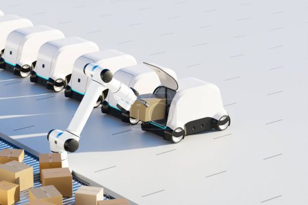 Téléchargez les photos : Entrepôt high-tech présentant des systèmes robotiques avancés et des véhicules autonomes qui améliorent l'efficacité des processus de manutention, de tri et de transport des colis. - en image libre de droit