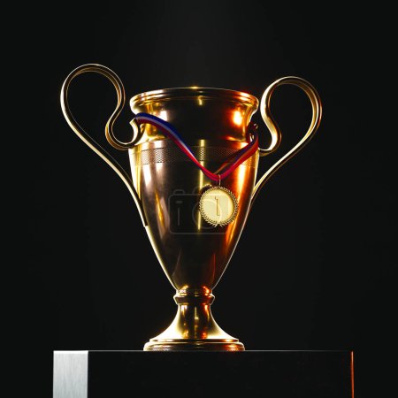 Photo for Stunning image of a first-place golden trophy and medal, meticulously isolated on a dark backdropsymbolic of ultimate success, excellence in achievement, and sportsmanship - Royalty Free Image
