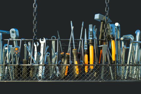 Foto de Una amplia selección de herramientas de mano cuidadosamente organizadas dentro de una cesta de malla de alambre, suspendidas contra un telón de fondo negro, que personifica la eficiencia en un entorno de espacio de trabajo. - Imagen libre de derechos