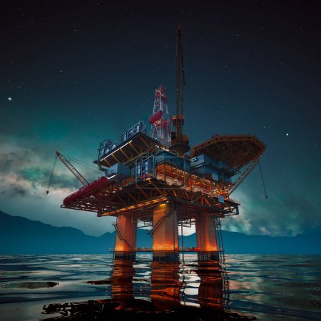 Photo for A stark offshore oil drilling platform stands aglow amidst the serene ocean, its lights mirroring in the tranquil waters under an expansive, star-filled nocturnal sky. - Royalty Free Image