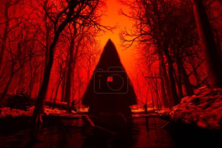 An ominous, red-lit forest engulfs a solitary cabin; its window a beacon in the night. Dense trees cast foreboding shadows, setting a scene of suspense and eeriness.