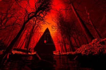 Téléchargez les photos : Mystérieuse cabane avec une seule fenêtre lumineuse se tient isolé dans une forêt sous un ciel nocturne rouge profond, jetant des reflets hantants sur l'eau menaçante et tranquille. - en image libre de droit