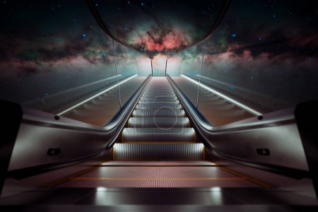 Photo for A seamless blend of technology and cosmic wonder, this image captures an escalator extending towards an awe-inspiring star-filled night sky, symbolizing the infinite journey of discovery - Royalty Free Image